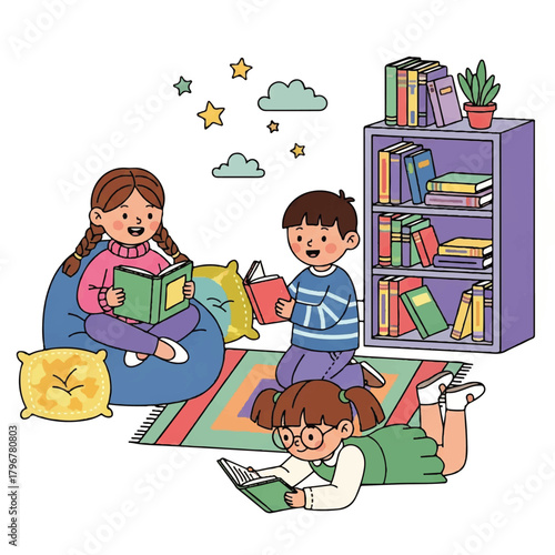 Children Reading Books in a Cozy Room with Bookshelf and Plush Seating.