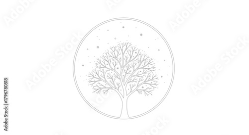 Winter tree illustration with snowflakes inside a circle on a white background