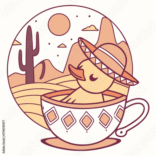 Cute SVG of a Sleepy Duck in Sundown Glow colors, featuring in a teacup in a Desert sunset setting
