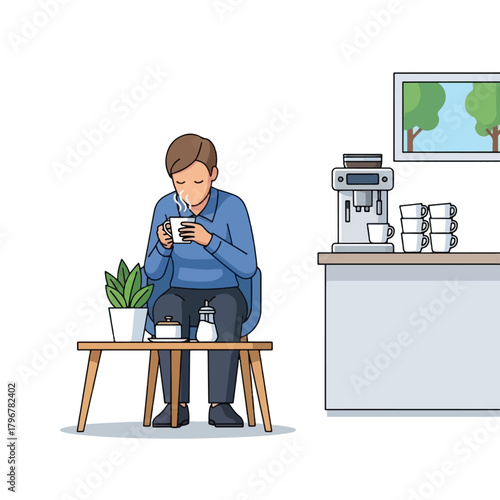 A man in a blue shirt enjoying a hot drink at a small table with a plant, sugar, and creamer, in a cafe setting with a coffee machine in the background.