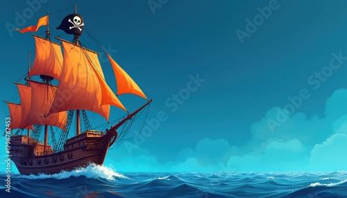 Fototapeta Naklejka Na Ścianę i Meble -  Cartoon pirate ship with orange sails sails on blue sea under clear sky. Nautical vessel with skull flag sails towards horizon. Copy space for text.