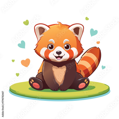 Firefly cute red panda cartoon sitting happily on a green mat, flat vector style, bright pastel colors