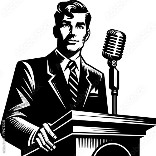 The Eloquent Speaker: A confident individual stands behind a podium, a classic microphone in front, ready to address an audience with poise and charisma. 