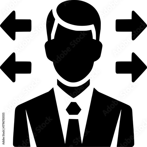 Decision-Making Icon: A poised figure, symbolizing leadership and direction, surrounded by directional arrows, representing choices and strategic thinking.