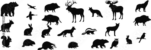 Collection of diverse wildlife animal silhouettes in black and white isolated on white background