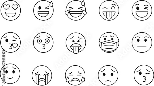 Collection of hand drawn doodle emoji faces expressing various emotions and feelings