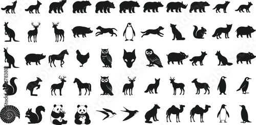 Collection of diverse animal silhouettes in black and white representing wildlife and nature