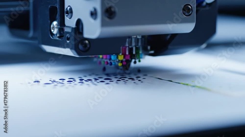 Close up of High Tech 3D Printer Nozzle Creating Detailed Design with CMYK Ink Droplets