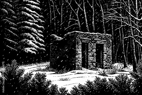 Broken stone ruins stand hidden in a deep snowy forest while blue mist and ancient runes glow mysteriously beneath tall frozen branches