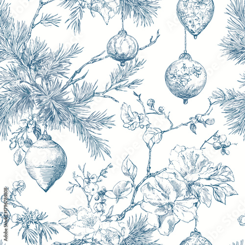 Vector Blue Toile Christmas Seamless Pattern 22 with Evergreen Branches and Hanging Baubles