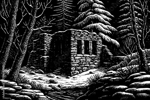 Broken stone ruins stand hidden in a deep snowy forest while blue mist and ancient runes glow mysteriously beneath tall frozen branches