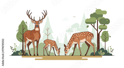 Deer Family Illustration A Peaceful Scene in the Forest Featuring Doe, Fawn, and Stag