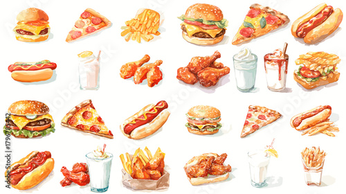 Watercolor fast-food collection: burgers, pizza, fries, hotdogs, chicken, waffles, and shakes. Tasty isolated clipart set for menus, delivery ads, street-food branding, and casual dining.