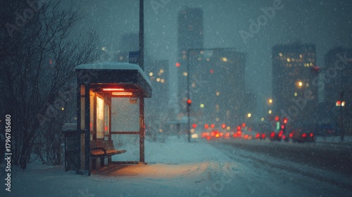 Snowy bus stop in the city at night with illuminated shelter and blurred lights of cars in the background