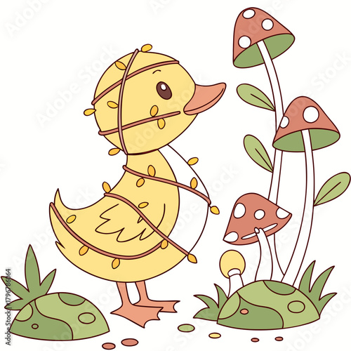 Bashful Duck with wrapped in fairy lights, set in a charming Fairy forest theme – Whimsy Woods color vector art