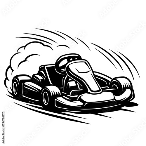 street go-kart sliding sideways in a drift, aggressive stance and curved smoke lines