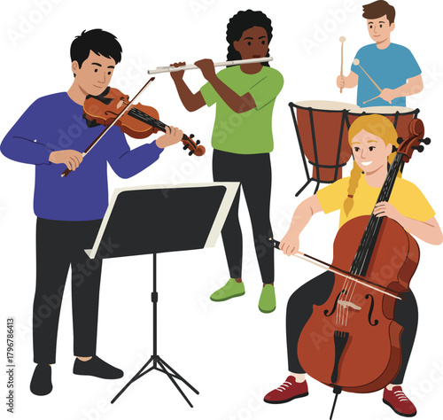 Illustration of a diverse group of musicians playing violin, cello, and drums with a music stand in a colorful and lively composition.