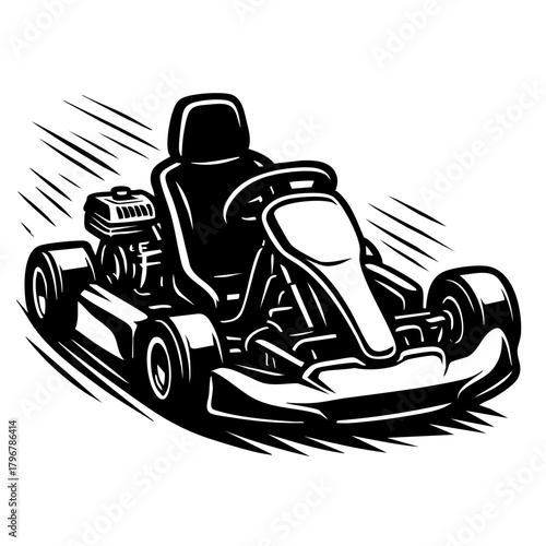compact racing go-kart with wide chassis and exposed engine, front angle with motion effects