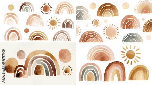 Boho watercolor rainbows and suns in warm neutral terracotta tones. Hand-painted arches and celestial doodles, perfect for nursery decor, posters, branding, and modern minimalist designs.