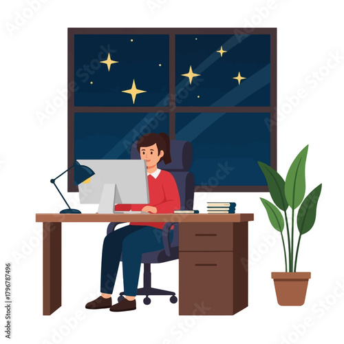 Man working late at night on computer in home office with stars visible outside window.