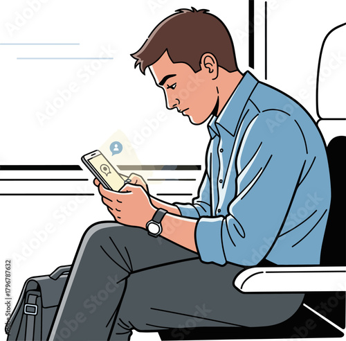 Create a Simple vector illustration set of an office worker looking at his smartphone while commuting vector art with white background..