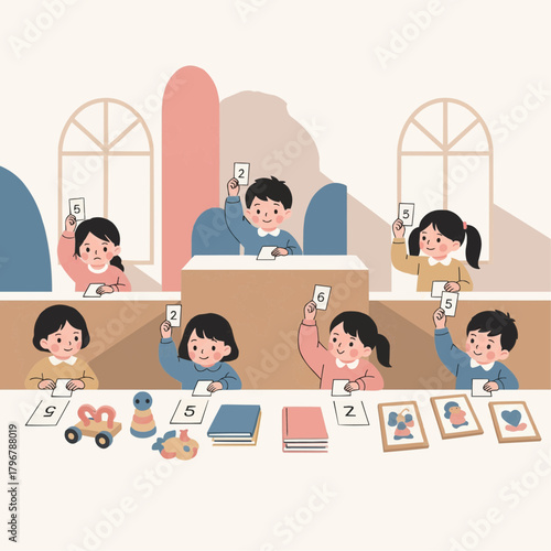 Vector art of cute children quietly raising cards in a “silent auction” for toys, books, or art pieces