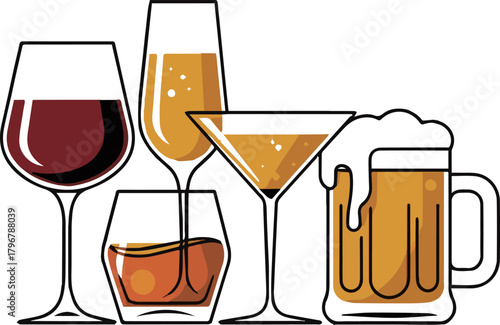 Create a kinds of deferent alcohol modern glass vector art with white background.