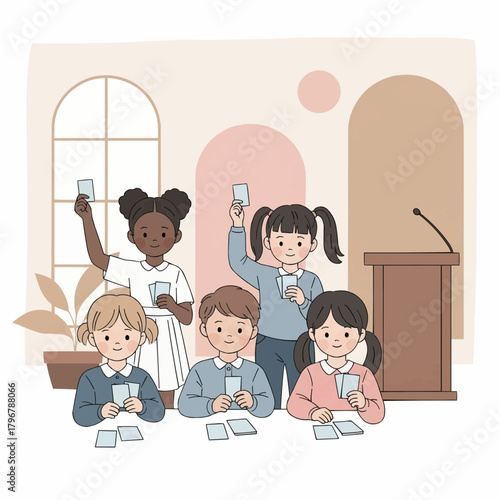 Vector art of cute children quietly raising cards in a “silent auction” for toys, books, or art pieces