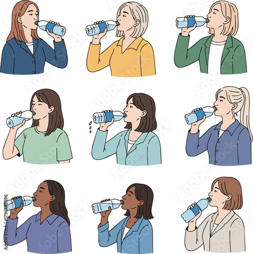  Create a kinds of deferent Simple vector illustration of a woman drinking bottled water vector art with white background..