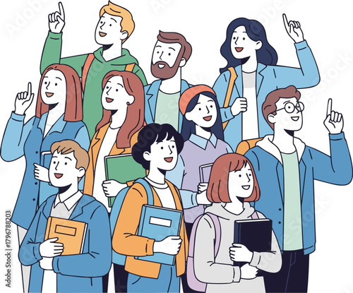 Create a kinds of deferent Simple vector illustration of male and female students looking to the future vector art with white background