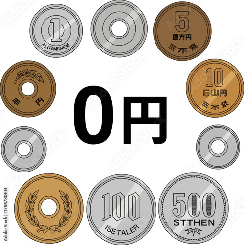 Create a kinds of deferent Simple vector icon illustration of 0 yen and coin vector art with white background..