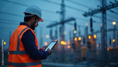 Male engineer in safety hard hat, orange reflective vest, works at electrical power substation. Man uses modern tech tablet checking complex power grid systems data. Monitors electricity supply,