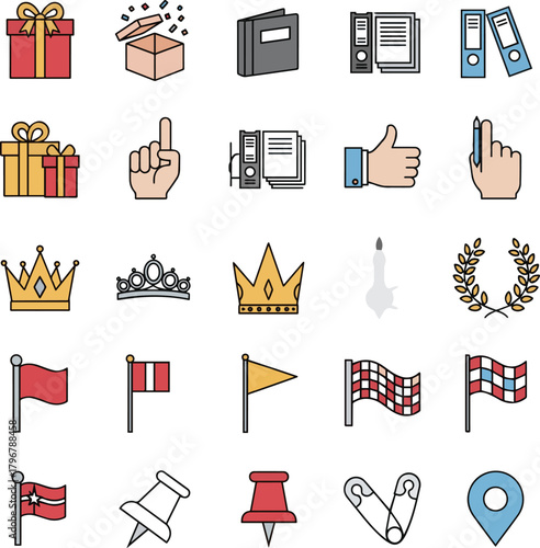 Create a kinds of deferent Simple vector icon illustration set of presents, binders, fingers, crowns, flags, and pins vector art with white background..