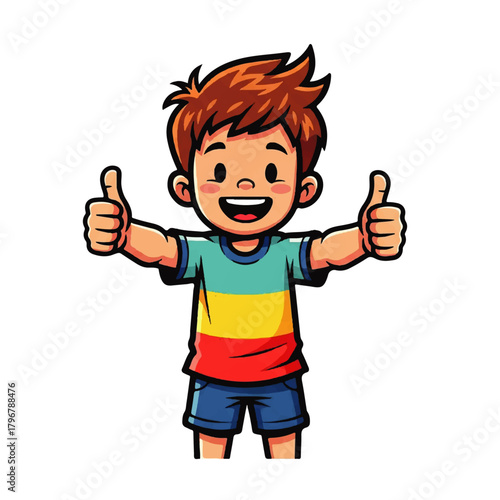 Cheerful cartoon boy giving thumbs up with bright colorful clothing.