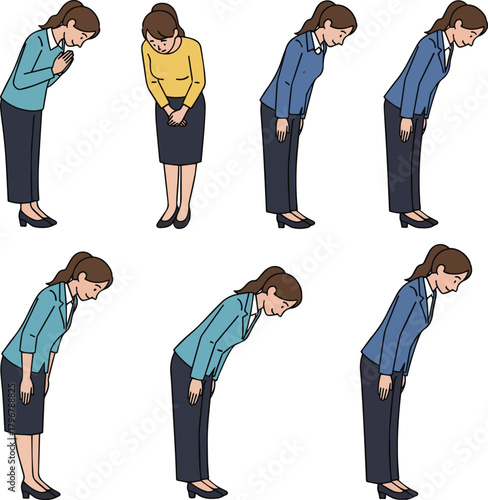 Create a kinds of deferent Simple vector illustration set of a bowing guide woman vector art with white background.