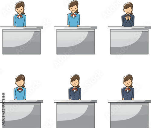 Create a kinds of deferent Simple vector illustration set of a woman at the reception desk bowing vector art with white background..