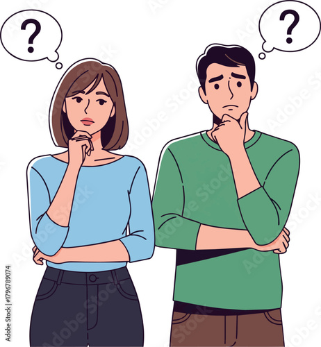 Create a Simple vector illustration of a thinking young couple vector art with white background..