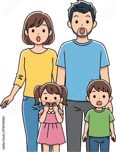 Create a Simple vector illustration of a surprised young family vector art with white background..