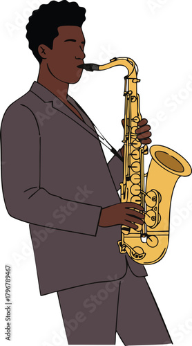 Illustration of a young man playing a saxophone while wearing a gray suit against a plain white background.