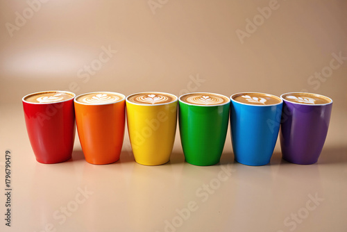 vibrant row of six coffee cups in rainbow colors (red, orange, yellow, green, blue, purple), each with perfect latte art, representing diversity, choice, and a welcoming cafe culture
