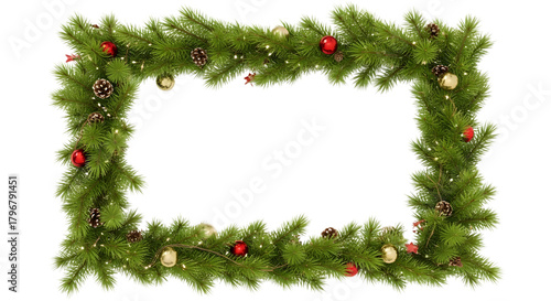 Festive christmas garland frame made of evergreen branches adorned with red baubles and golden ornaments on black background