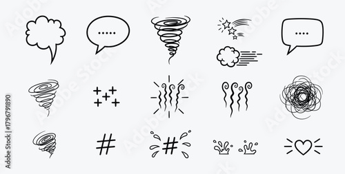 Collection of hand drawn doodle icons representing weather emotions and communication elements