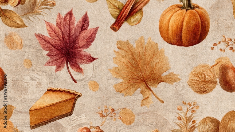 Fototapeta premium A cozy, repeatable fall design where harvest abundance meets old-world charm.