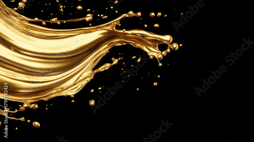 Dramatic splash of gold paint bursting mid air with shiny droplets flying against black background creating dynamic and luxurious effect
