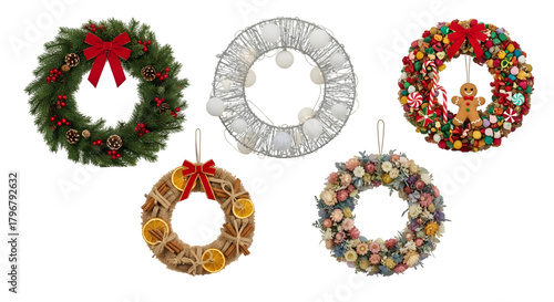 Collection of five unique handmade christmas wreaths displayed against a dark background