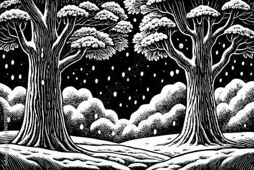 Colossal trees rise through falling snow with floating land fragments suspended between branches, forming an unreal fantasy winter world