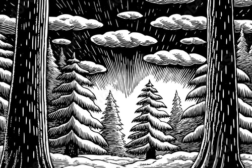 Colossal trees rise through falling snow with floating land fragments suspended between branches, forming an unreal fantasy winter world