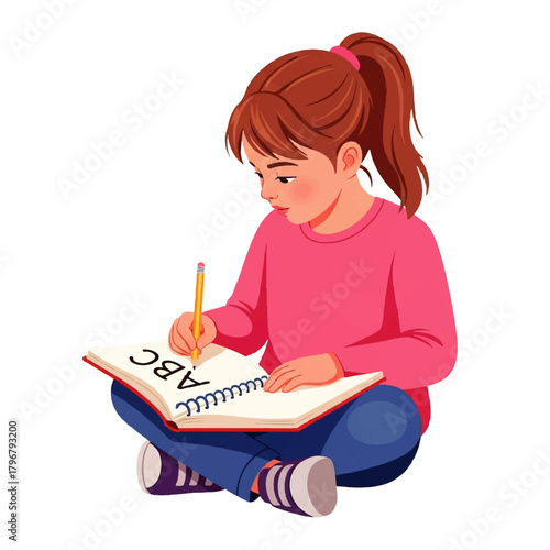 Young girl sits cross-legged and writes in a notebook with a pencil during study time.