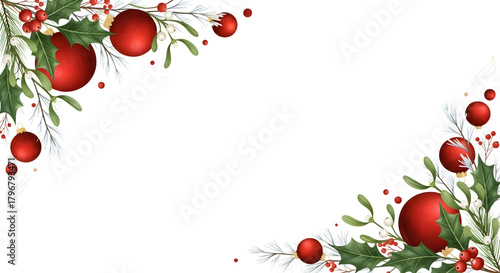 Festive christmas corner decorations with red baubles and greenery on a black background