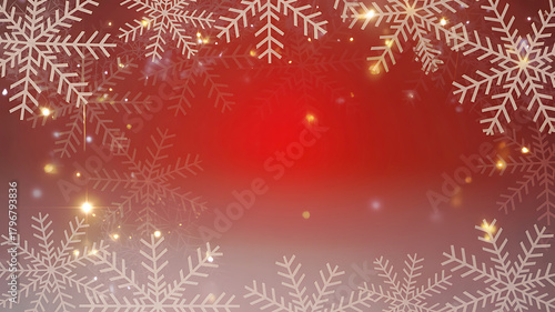 Festive red Christmas background with white snowflakes and bokeh lights holiday